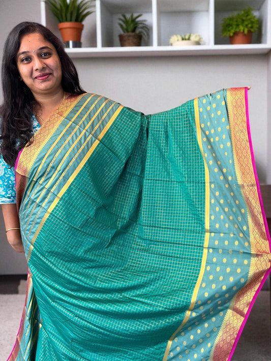Mysore Semi Crepe 3D Elegant design - Rama Green with Sea Green and Pink