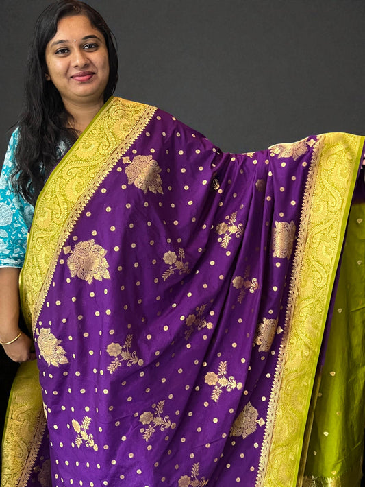 purple saree with gold patterns