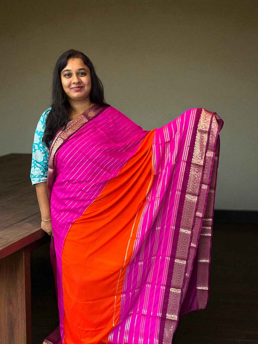 Mysore Semi Crepe 3D Elegant design - Orange with Pink and Marron (Copy)