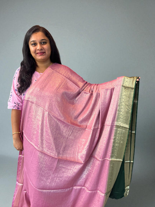 Mysore Semi Crepe Brocade - Lavender with Bottle Green