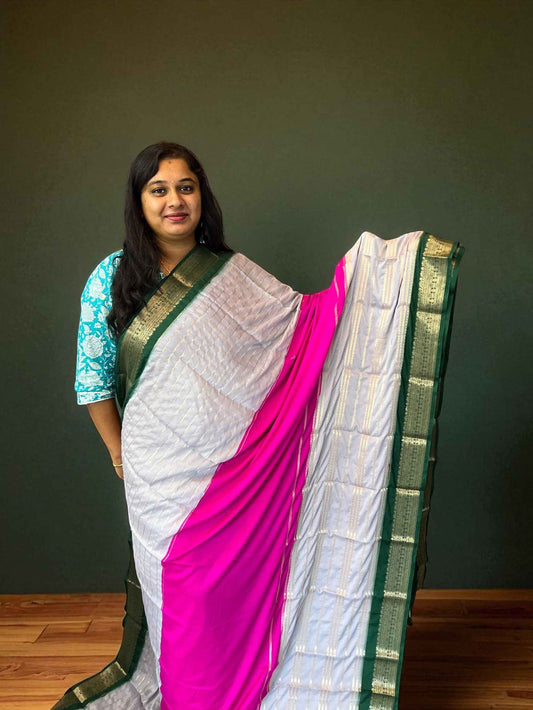 Mysore Semi Crepe 3D Elegant design - Grey with Pink and Green (Copy)