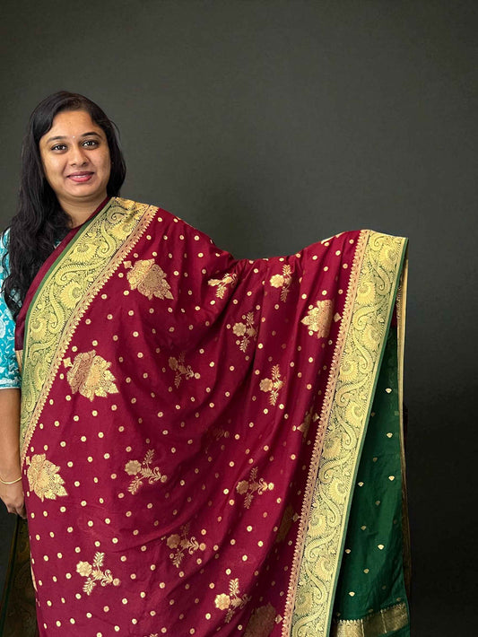 Premium Banarasi Crepe Saree - Wine with Bottle Green (Copy)