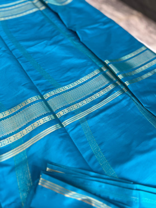Mysore Semi Crepe Elegant 4 line border design - Azure Blue
