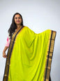 Semi Mysore Crepe Fabric in Neon Green with Black Contrast and Bentex Mango Border - Stylish and Elegant - Craft Of Aele