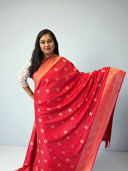 Premium Banarasi Crepe Red Fabric with Checks and Butta Design - Craft Of Aele