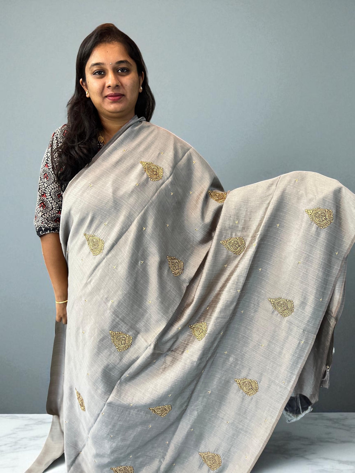 Raw Silk Gray Blouse with Elegant White Design for Fashion Forward Style - Craft Of Aele