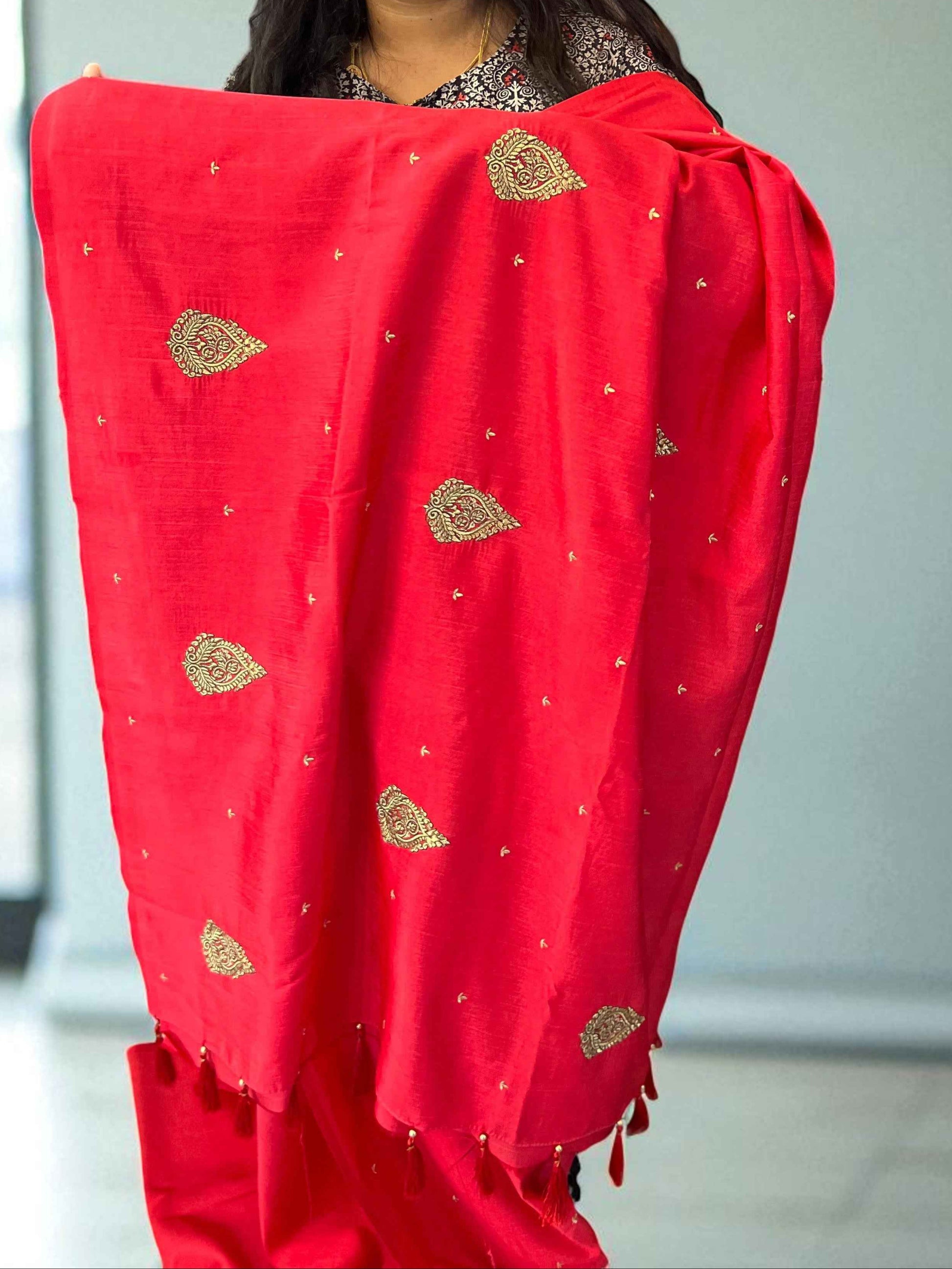 Raw Silk Red with Cream Blouse - Luxurious Elegance for Every Occasion - Craft Of Aele
