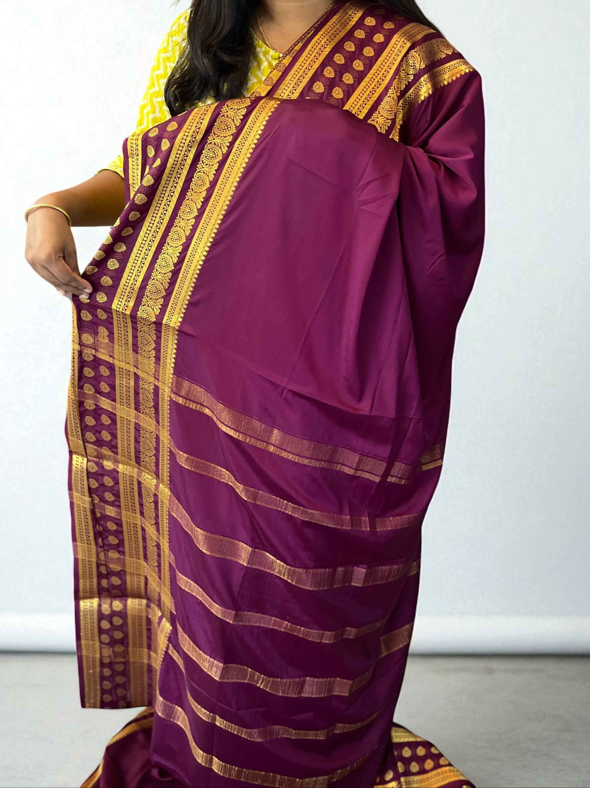 Semi Crepe Butta Border Saree in Red Wine - Elegant Bentex Design Fabric - Craft Of Aele