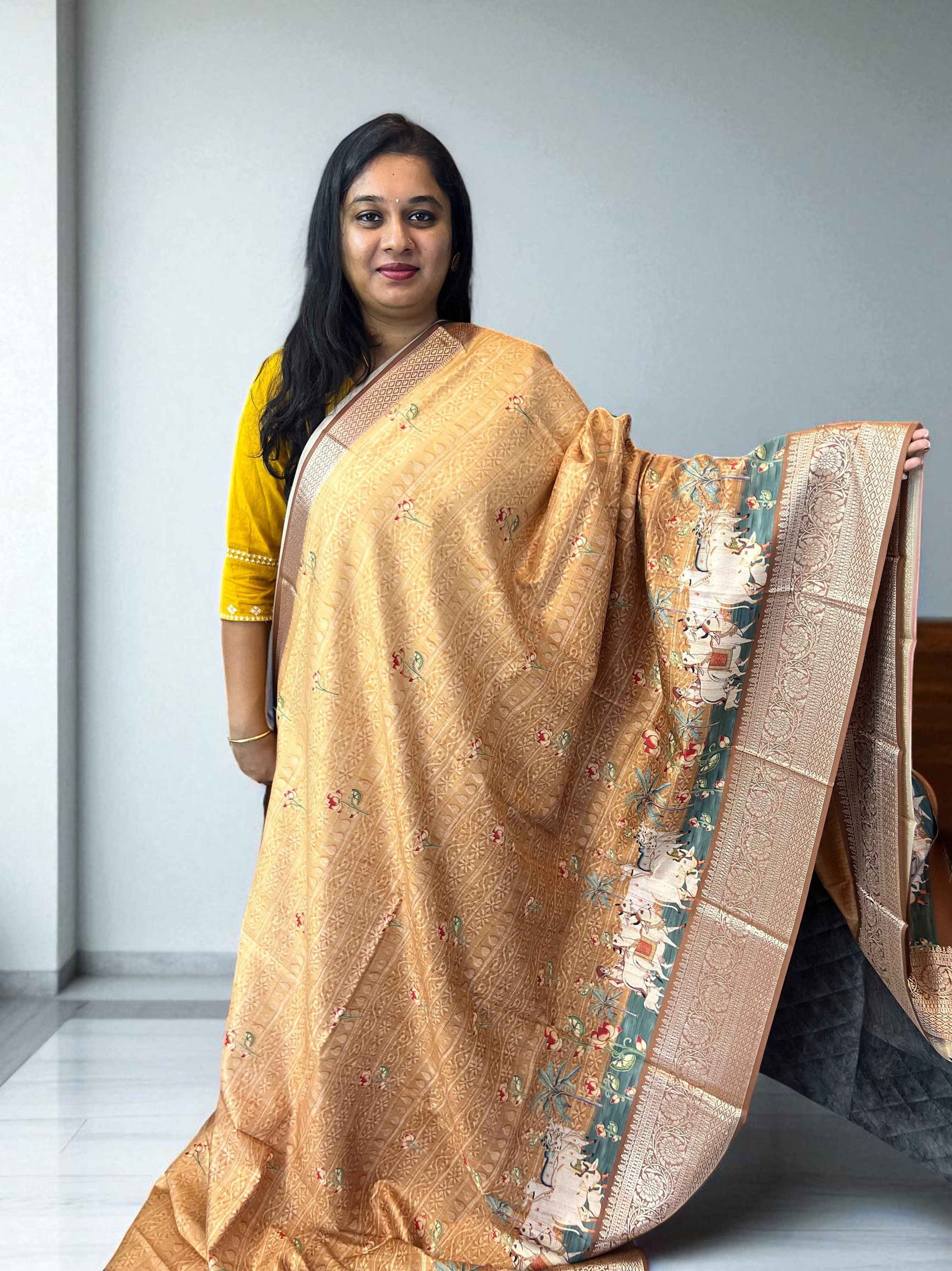 Soft Silk Mustard Saree with Pichwai Prints - Elegant Traditional Wear - Craft Of Aele
