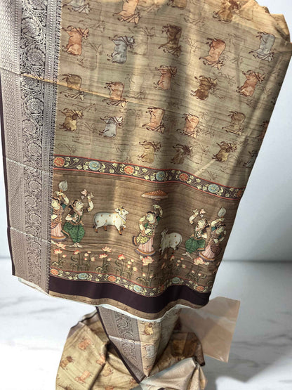 Soft Silk Mustard Saree with Pichwai Prints - Elegant Traditional Wear - Craft Of Aele