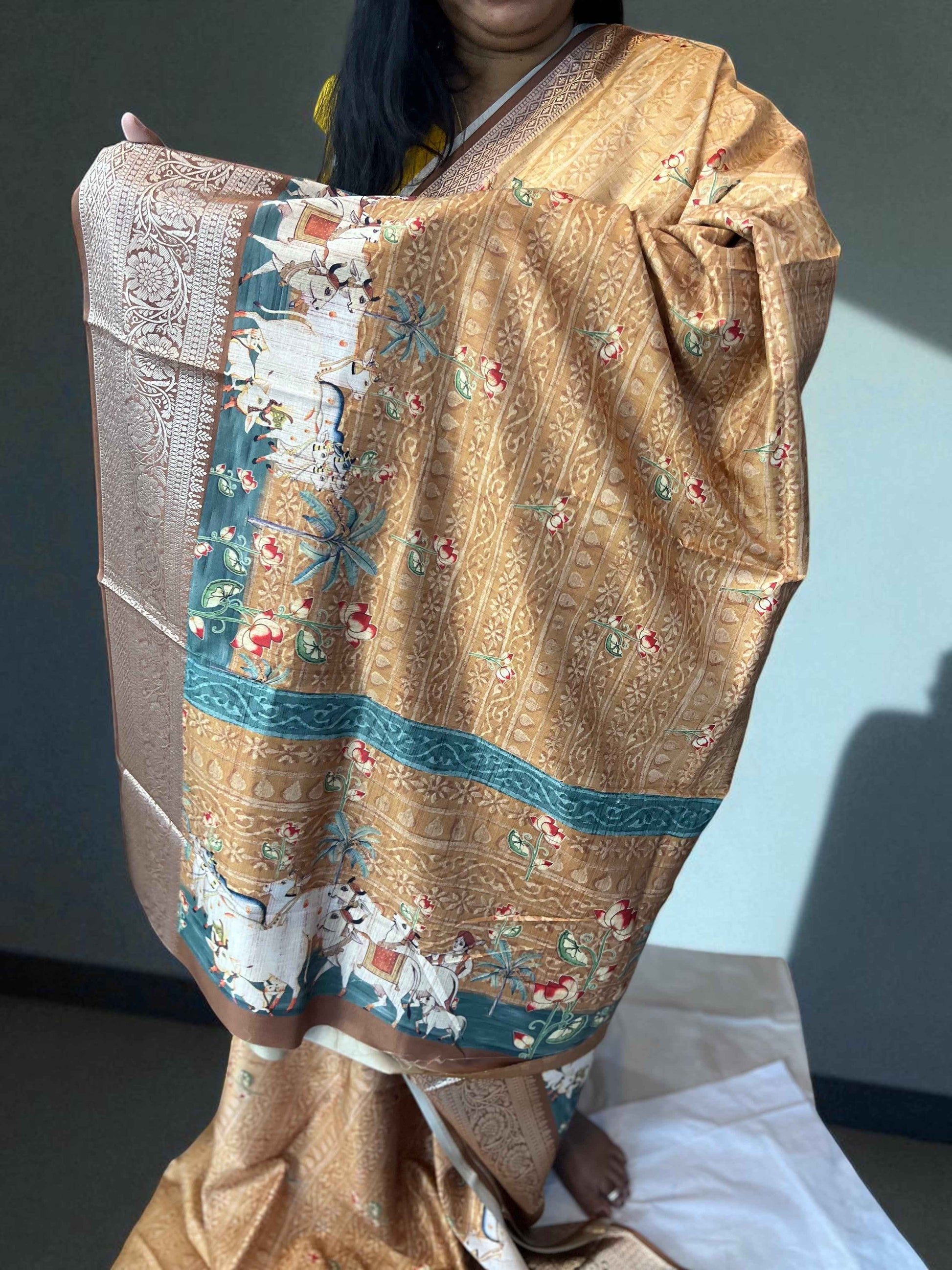 Soft Silk Mustard Saree with Pichwai Prints - Elegant Traditional Wear - Craft Of Aele