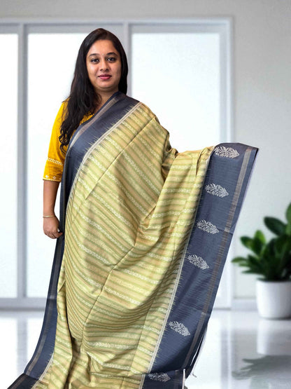 Soft Silk Saree Olive Green with Black Elegance - Craft Of Aele