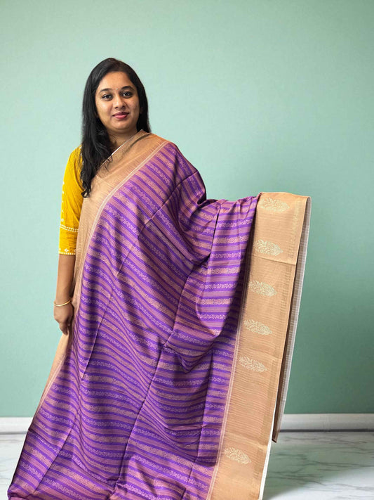 Soft Silk Saree Purple with Beige Elegant Design - Craft Of Aele