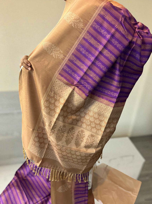 Soft Silk Saree Purple with Beige Elegant Design - Craft Of Aele