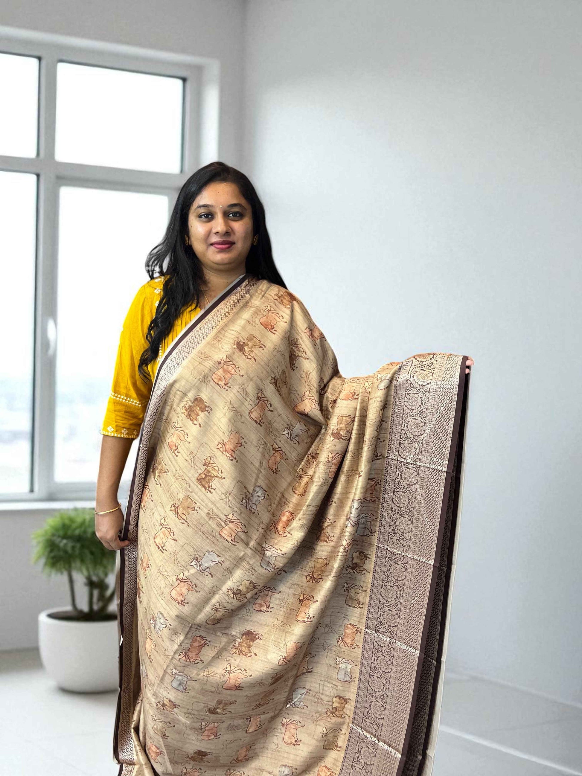 Soft Silk Pichwai Prints Saree in Beige Color - Craft Of Aele