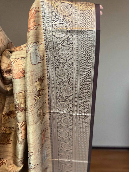 Soft Silk Pichwai Prints Saree in Beige Color - Craft Of Aele