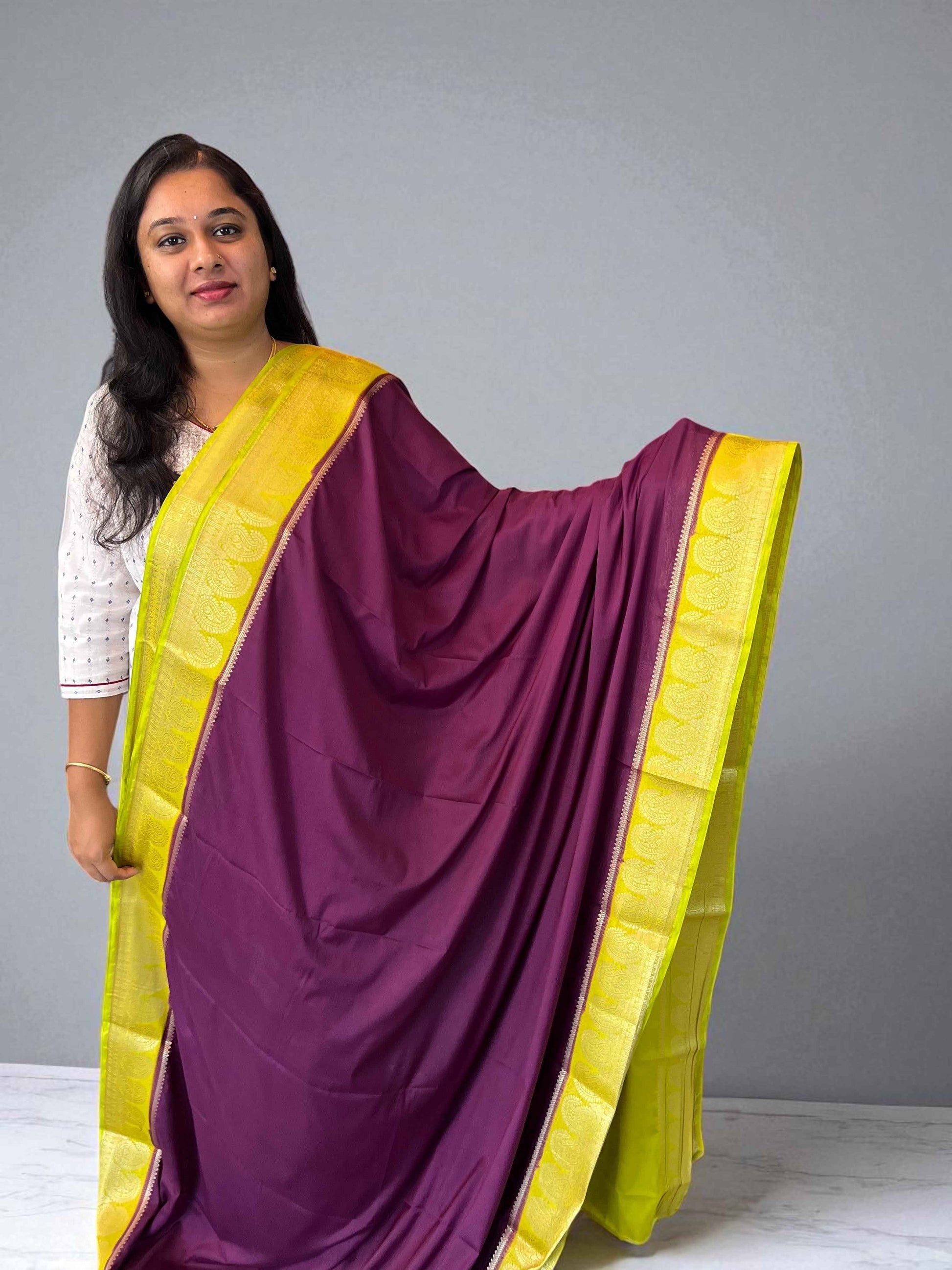 Semi Crepe Fabric with Mango Border - Wine and Neon Green Design - Craft Of Aele