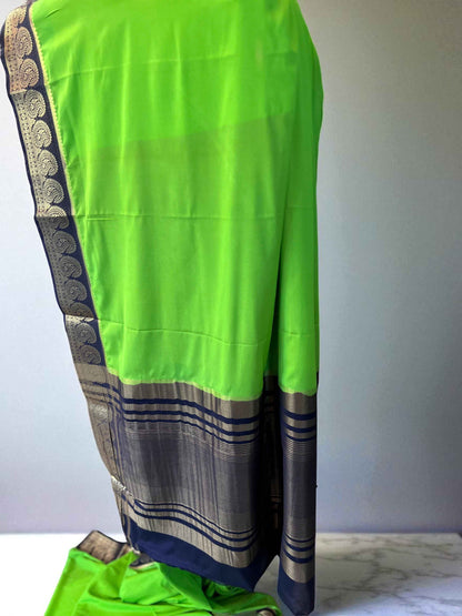 Semi Crepe Mango Border Fabric - Parrot Green with Navy Blue - Craft Of Aele