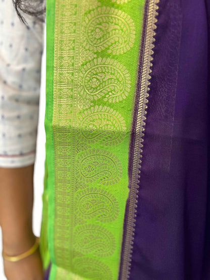 Semi Crepe Mango Border Fabric - Purple with Parrot Green - Craft Of Aele