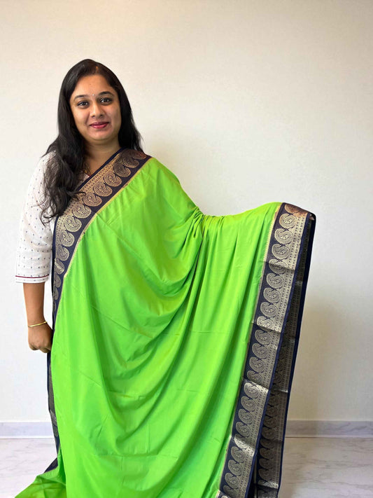 Semi Crepe Mango Border Fabric - Parrot Green with Navy Blue - Craft Of Aele