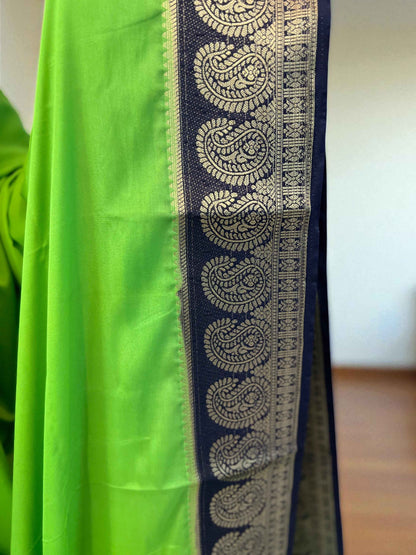 Semi Crepe Mango Border Fabric - Parrot Green with Navy Blue - Craft Of Aele