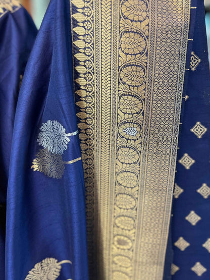 Banarasi Crepe Fabric with Golden and Silver Leaf Butta in Navy Blue Shade - Craft Of Aele