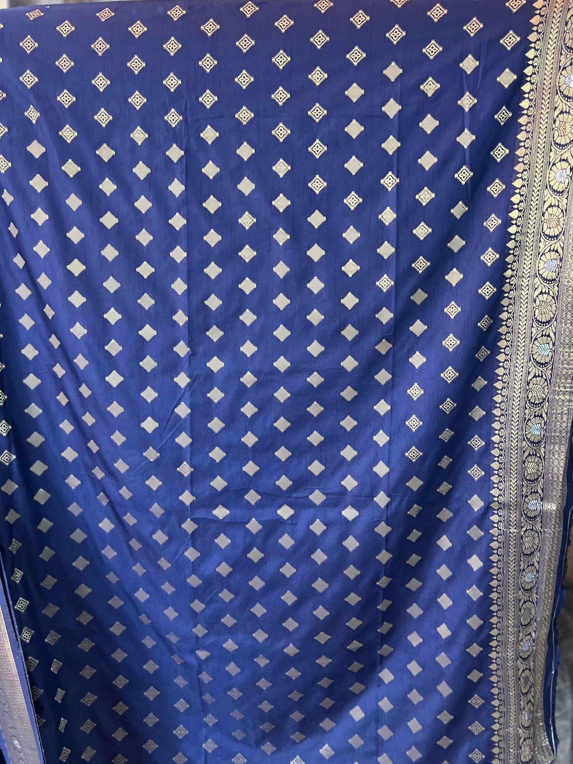 Banarasi Crepe Fabric with Golden and Silver Leaf Butta in Navy Blue Shade - Craft Of Aele