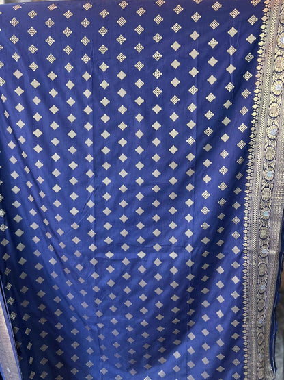 Banarasi Crepe Fabric with Golden and Silver Leaf Butta in Navy Blue Shade - Craft Of Aele