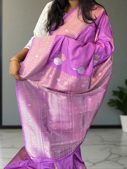 Banarasi Crepe Pink Shade with Golden and Silver Leaf Butta - Craft Of Aele