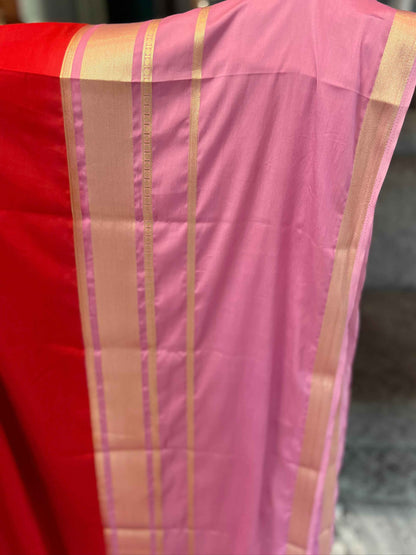 Mysore Semi Crepe Saree - Red with Pink Big Bentex Border - Craft Of Aele
