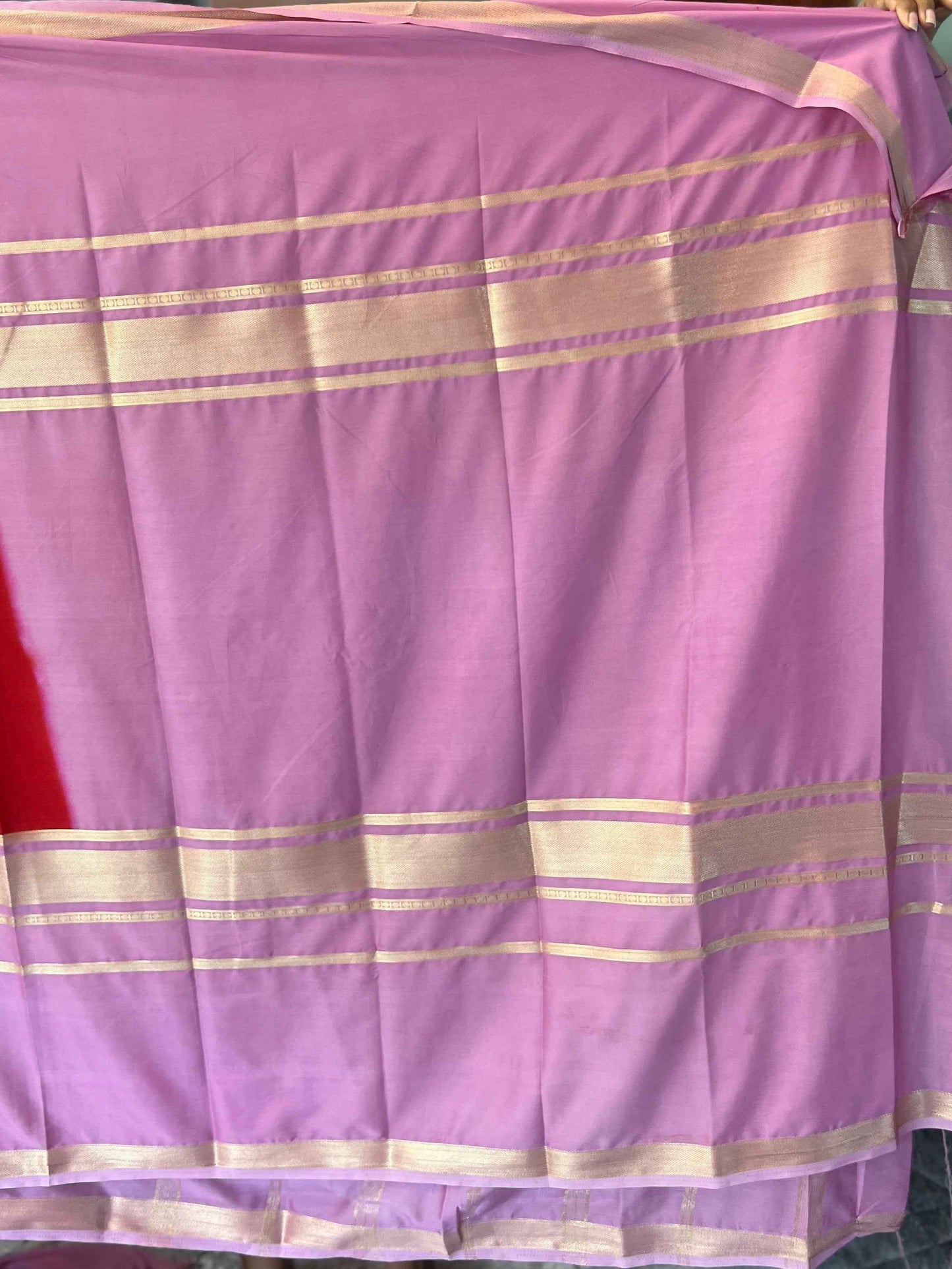 Mysore Semi Crepe Saree - Red with Pink Big Bentex Border - Craft Of Aele