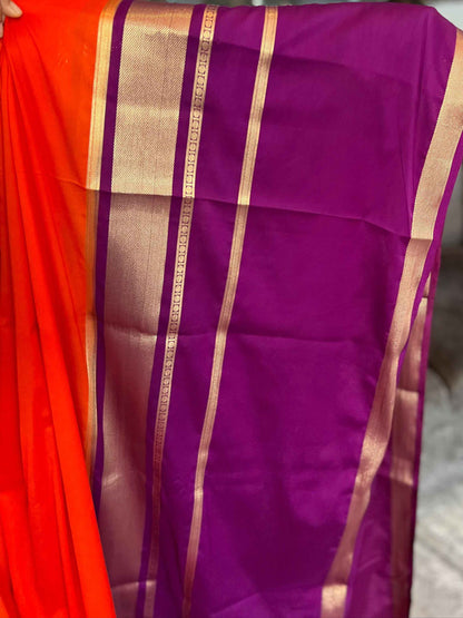 Mysore Semi Crepe Border Saree in Orange with Purple Bentex Border - Craft Of Aele