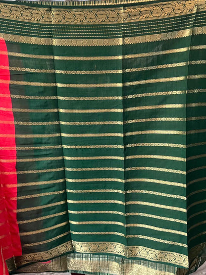 Premium Georgette Saree in Tomato Red with Bottle Green Accents - Craft Of Aele
