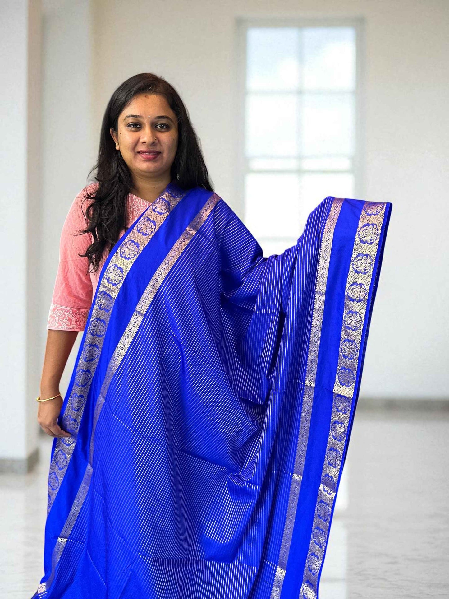 Semi Crepe Fabric Royal Blue with Elegant Bentex Border - Craft Of Aele