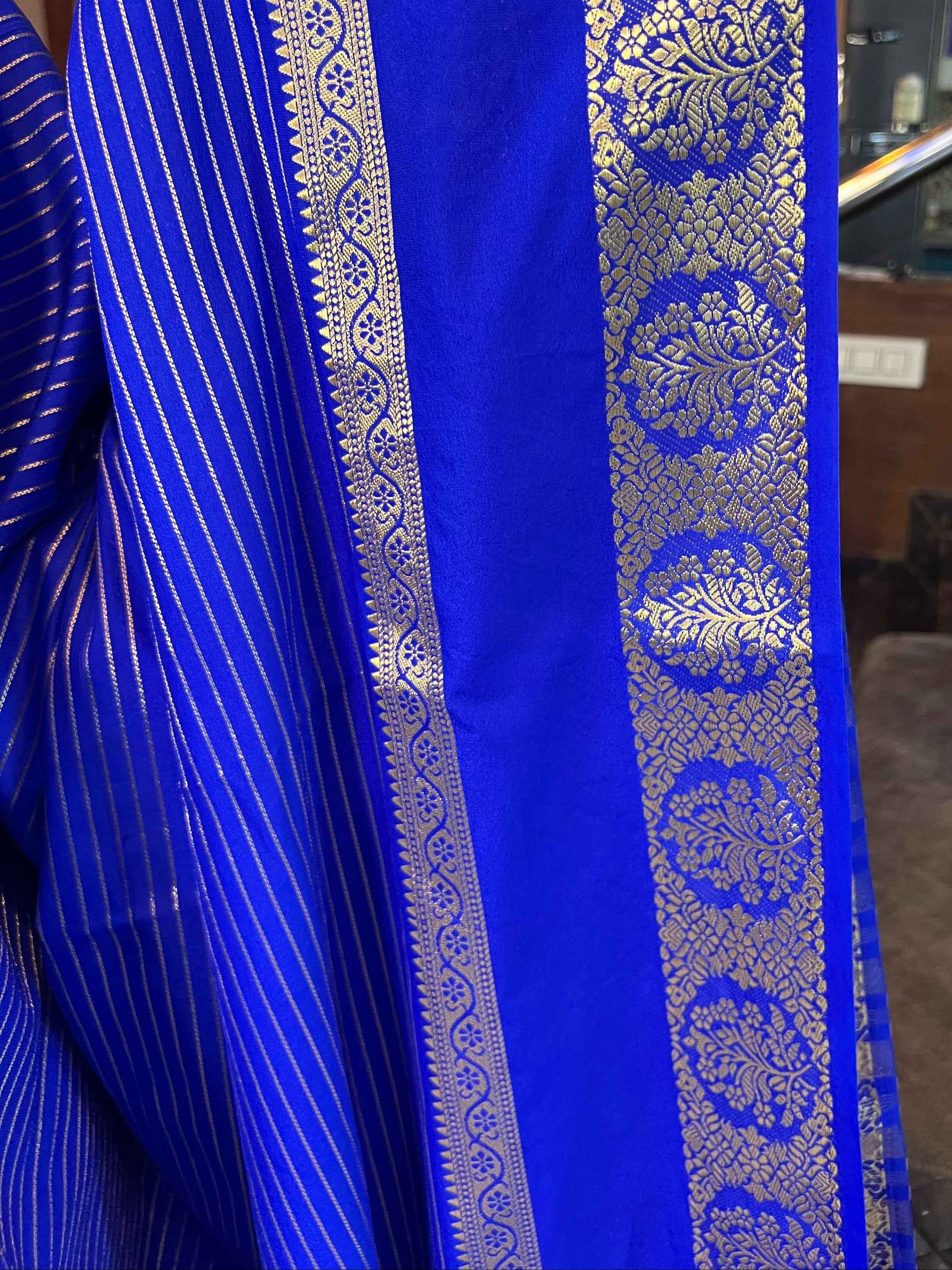 Semi Crepe Fabric Royal Blue with Elegant Bentex Border - Craft Of Aele