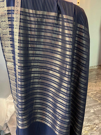 Semi Crepe Fabric Navy Blue with Elegant Versatile Bentex Border - Craft Of Aele