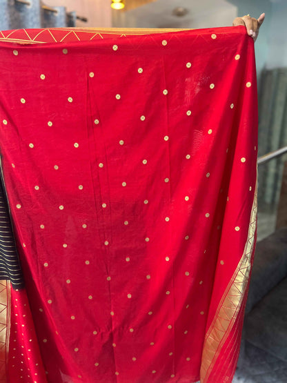 Premium Soft Banarasi Crepe Half and Half Saree in Black and Red - Craft Of Aele