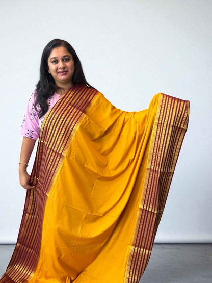 Semi Crepe Fabric - Elegant and Versatile Kanchi Border in Mustard Yellow and Brown - Craft Of Aele