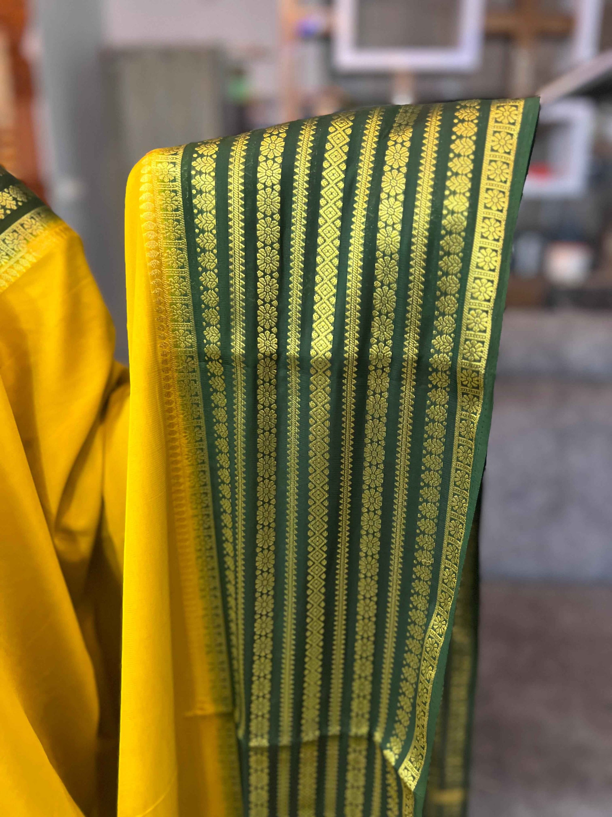 Semi Crepe Fabric - Elegant and Versatile Kanchi Border in Lemon Yellow and Bottle Green - Craft Of Aele