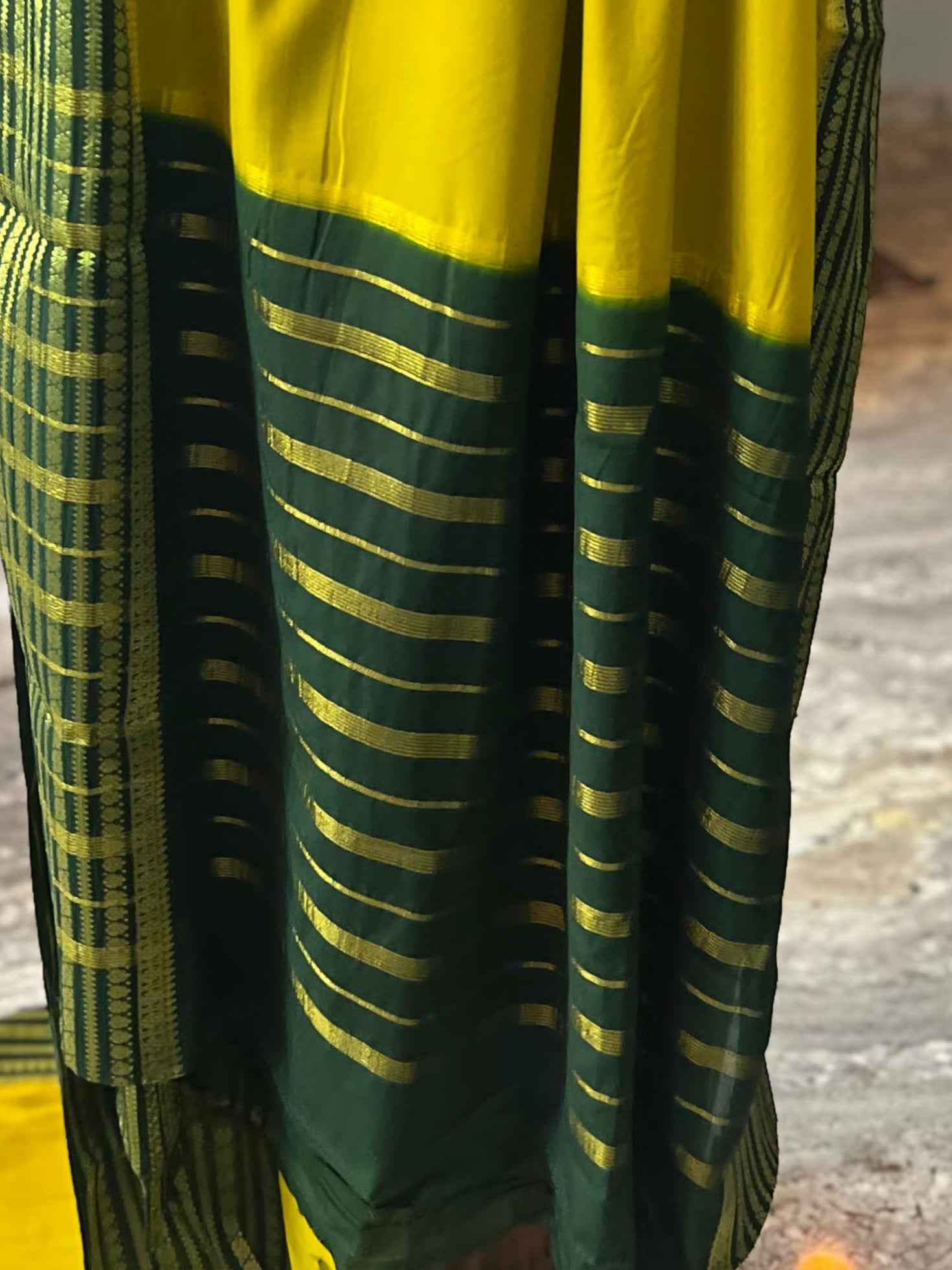 Semi Crepe Fabric - Elegant and Versatile Kanchi Border in Lemon Yellow and Bottle Green - Craft Of Aele