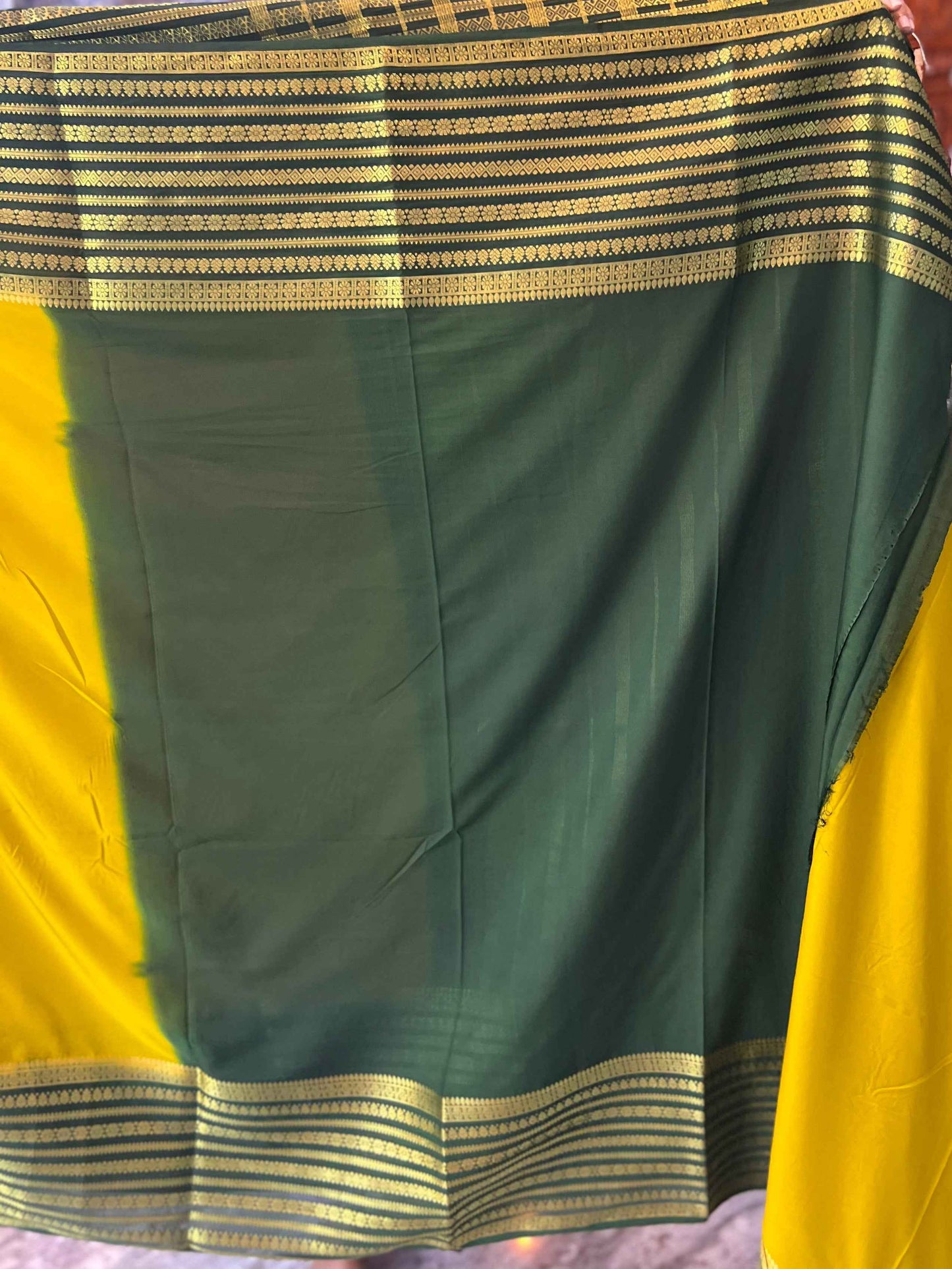 Semi Crepe Fabric - Elegant and Versatile Kanchi Border in Lemon Yellow and Bottle Green - Craft Of Aele