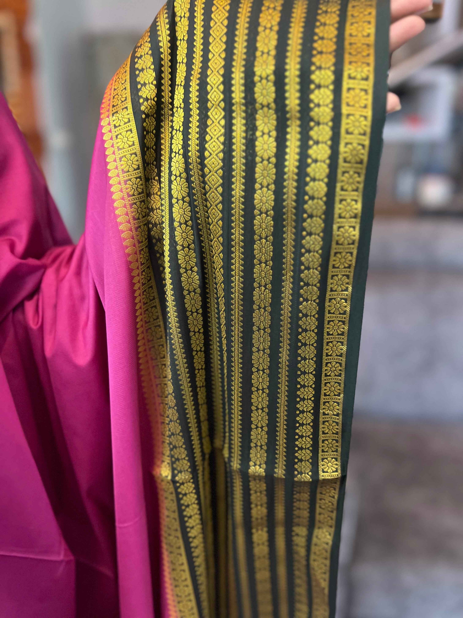 Semi Crepe Fabric - Elegant and Versatile Kanchi Border in Pink and Bottle Green - Craft Of Aele