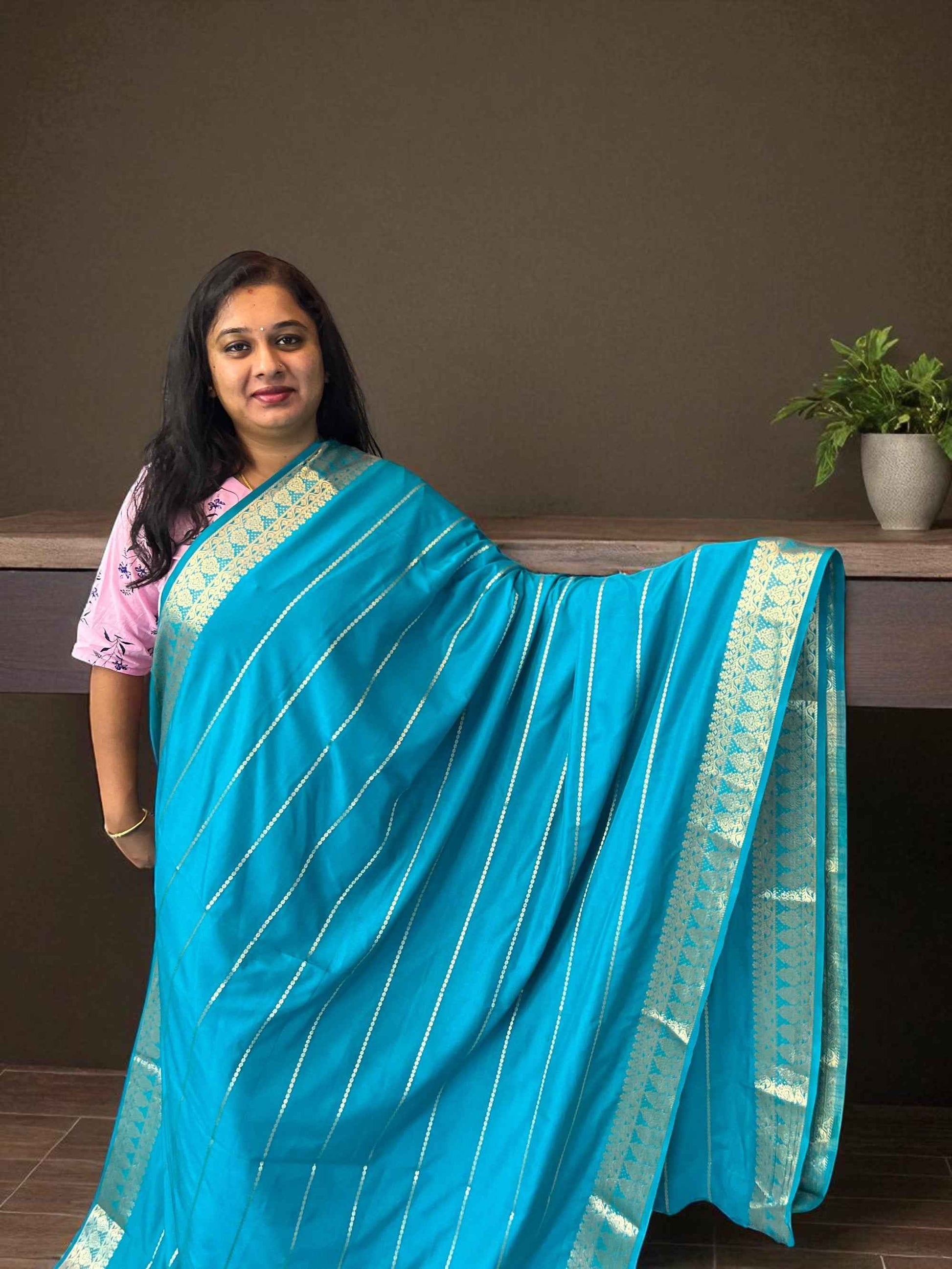 Mysore Semi Crepe - Striped Blue Saree - Craft Of Aele