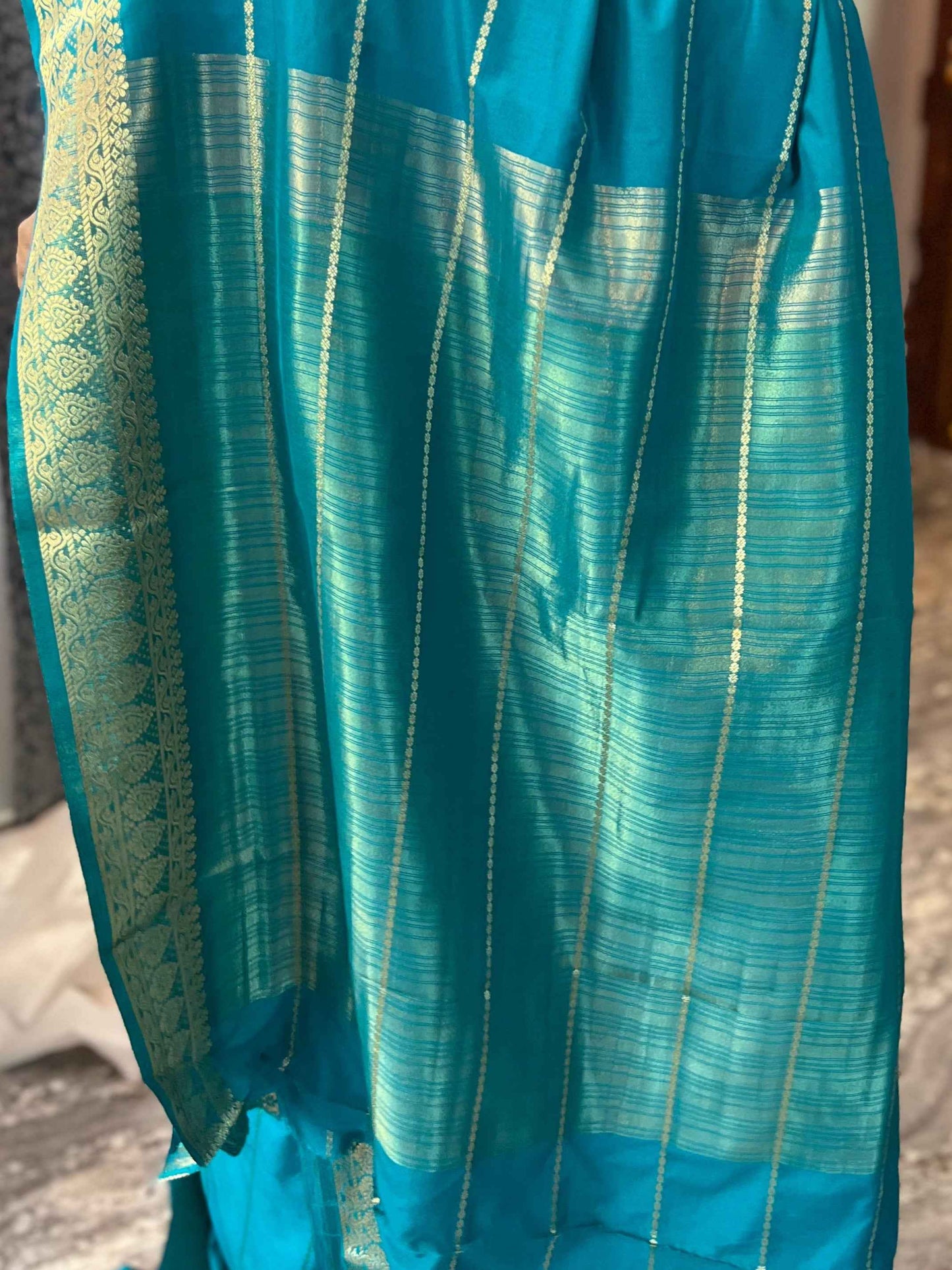 Mysore Semi Crepe - Striped Blue Saree - Craft Of Aele