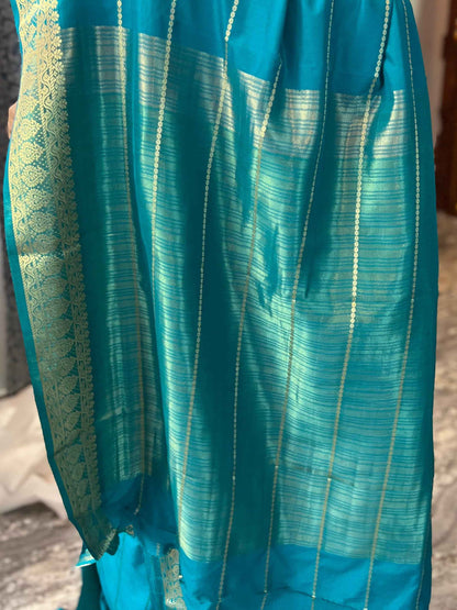 Mysore Semi Crepe - Striped Blue Saree - Craft Of Aele