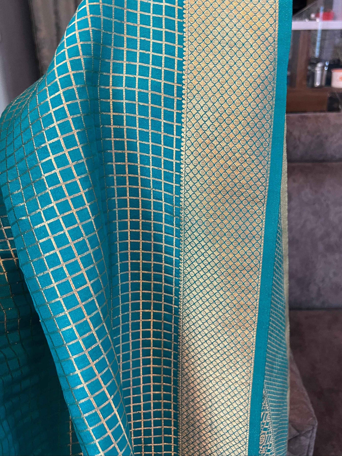 Mysore Semi Crepe Half and Half - Green with Red