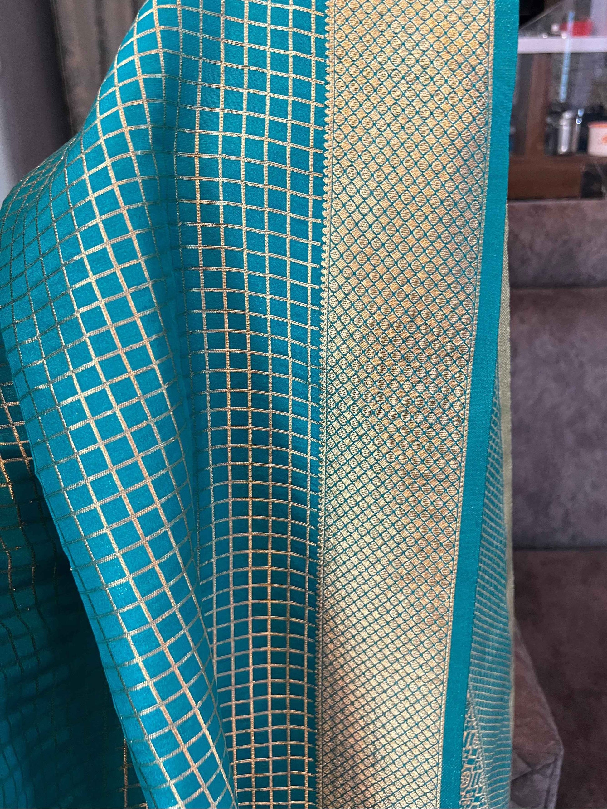 Mysore Semi Crepe Half and Half - Green with Red