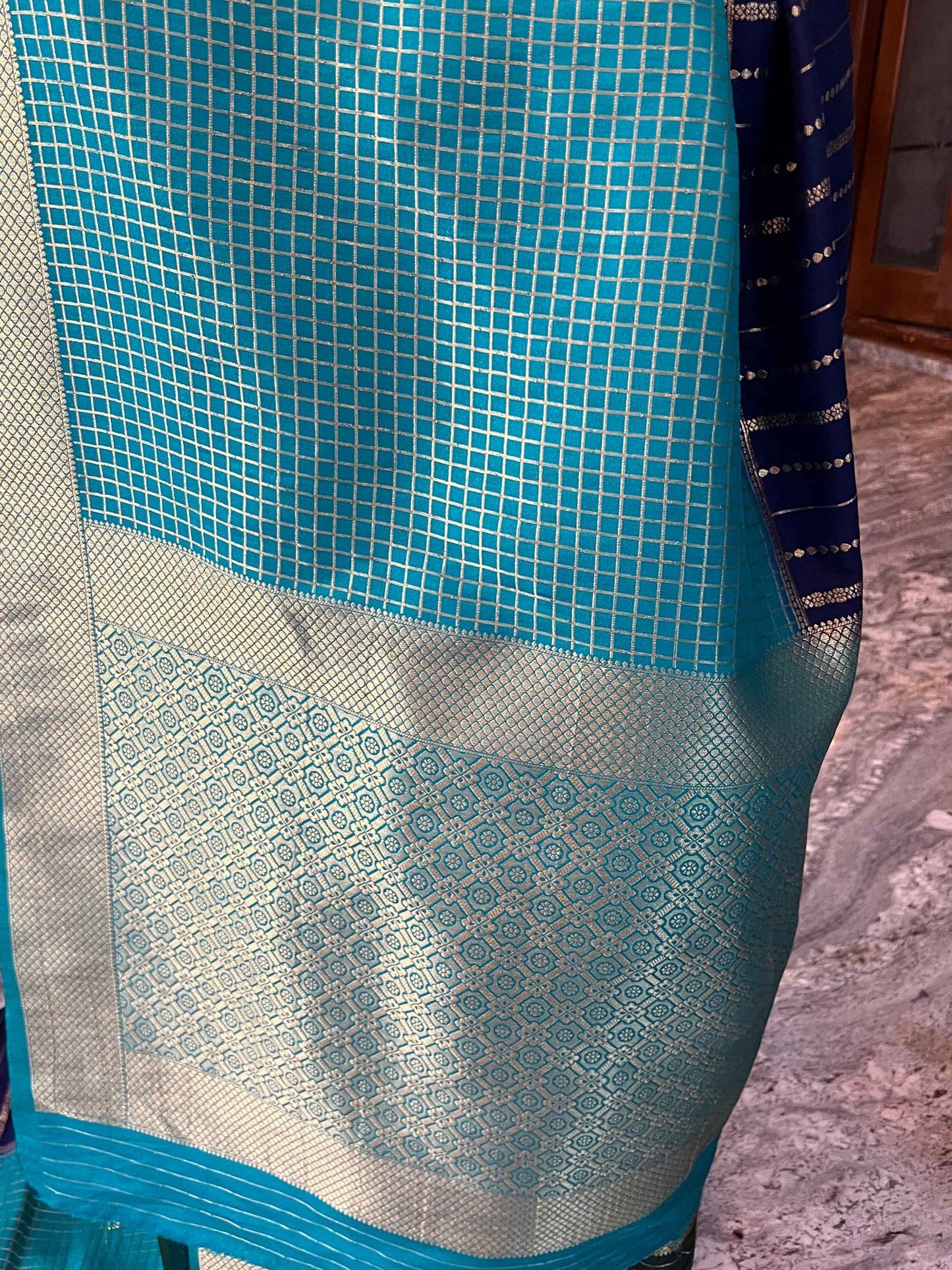 Mysore Semi Crepe Half and Half - Green with Red