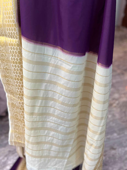 Mysore Semi Crepe Elegant border design - Purple with Half White (Copy)