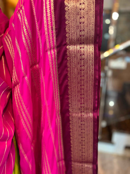 Mysore Semi Crepe 3D Elegant design - Parrot Green with Pink and Maroon (Copy)